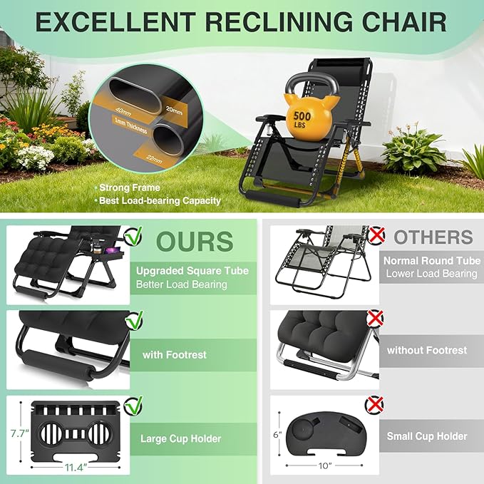 Suteck Oversized Zero Gravity Chair, 29In XL Lounge Chair w/Removable - Image 4