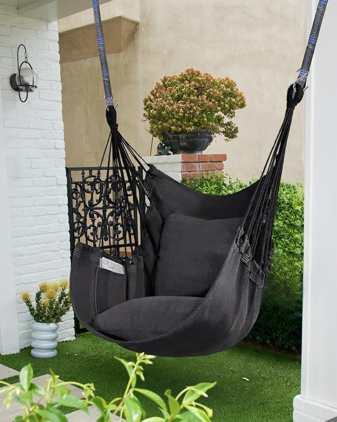 Halalona Hammock Chair Hanging Hammock Chair Rope Swing 2 Cushions - Image 6