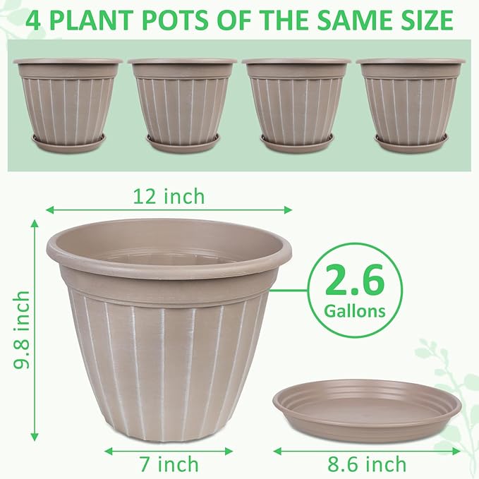 FGstyle 12 Inch Pots for Plants, 4 Pack Tall Planters, Large Flower Pots - Image 6