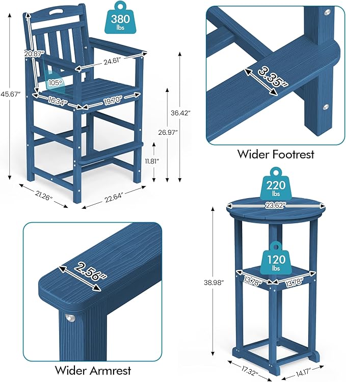 Ciokea 3-Pcs Bistro Table and Chairs, All-Weather Round High Top Bar Table - Image 3