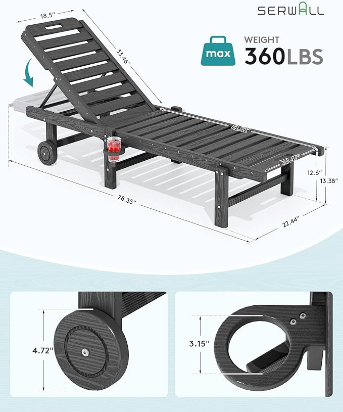 SERWALL Outdoor Chaise Lounge Chair, HDPE Patio Lounge Chair - Image 3