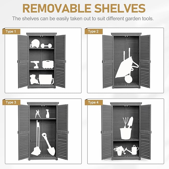 Outvita Outdoor Storage Cabinet, 63in Wooden Garden Tools Shed - Image 4