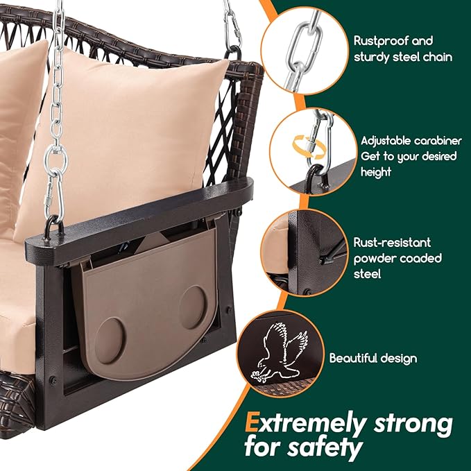 Upgraded Wicker Hanging Porch Swing Heavy Duty 900lbs 3-Seat Outdoor Patio - Image 4