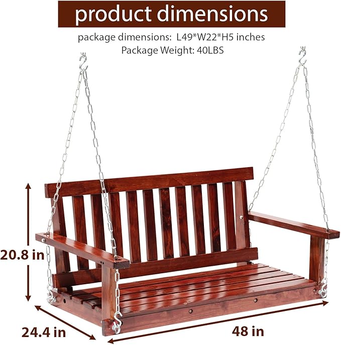 Outdoor Wooden Porch Swing 4Ft Patio Porch Swing Bench 800 LBS Load-Bearing - Image 2