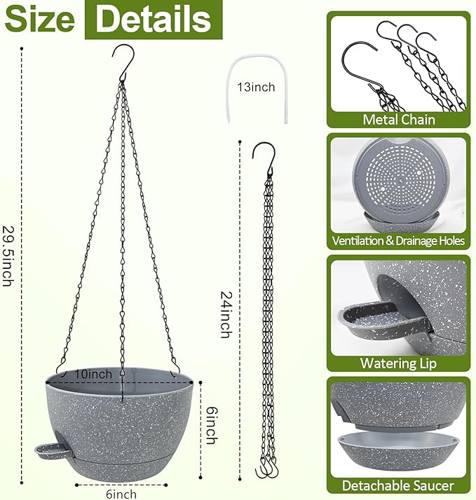 WOUSIWER Self Watering Hanging Planters, 2 Pack 10'' Plastic Pots - Image 4