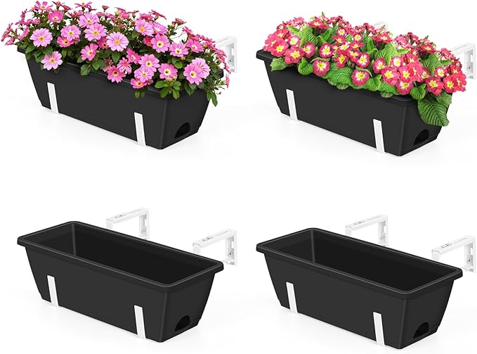 OYEAL 4 Pack Railing Planter Box Outdoor Hanging Balcony Planters 17 Inch by OYEAL