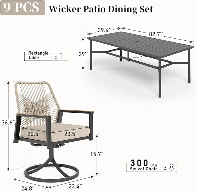 Patio Dining Set 9 Piece, 8 x Woven Rattan Swivel Chairs - Image 3