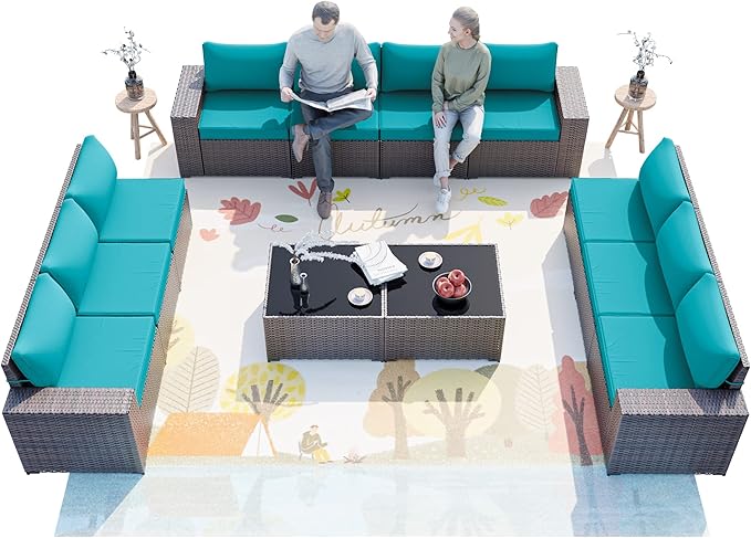 ALAULM 12 Pieces Outdoor Patio Furniture Set Sectional Sofa Sets Brown PE - Image 7
