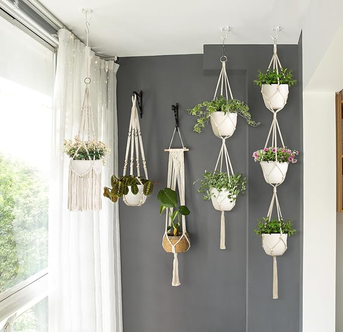 Mkono Macrame Plant Hangers, 5 Pack Different Tiers Indoor Hanging Planters - Image 3