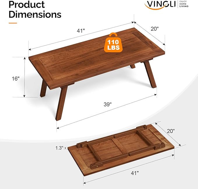 VINGLI Outdoor Folding Coffee Table, Natural Poplar Wood Patio Coffee Table - Image 3