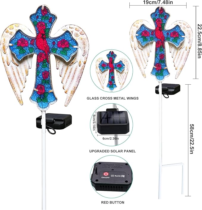 YJFWAL Cardinal Bird&Rose Cross Garden Stake Light, Solar Glass Cross - Image 5