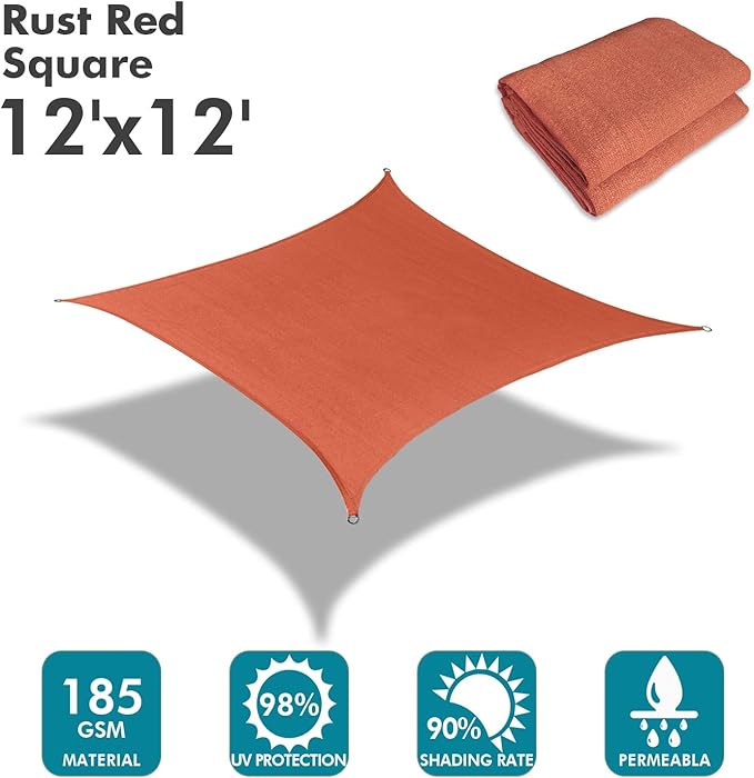 KANAGAWA Sun Shade Sail 12'x12' Rust Red Square UV Block Canopy Awning Shelter - Image 2