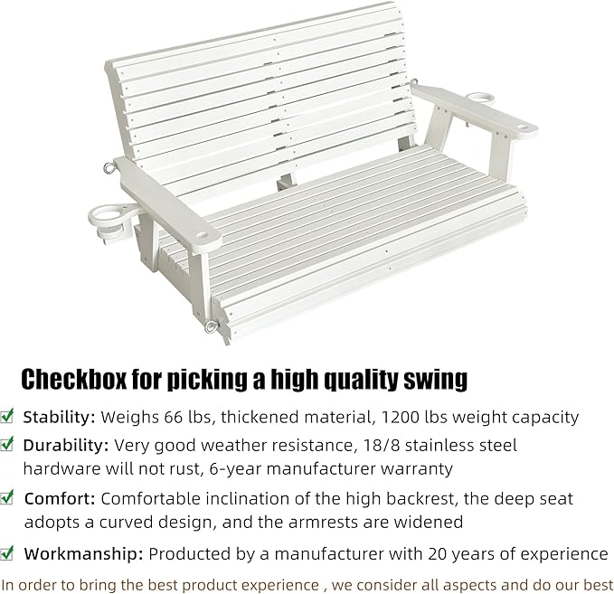 HDPE Porch Swing with 18/8 Stainless Steel Bolts, Ergonomic Design, Ultra - Image 4