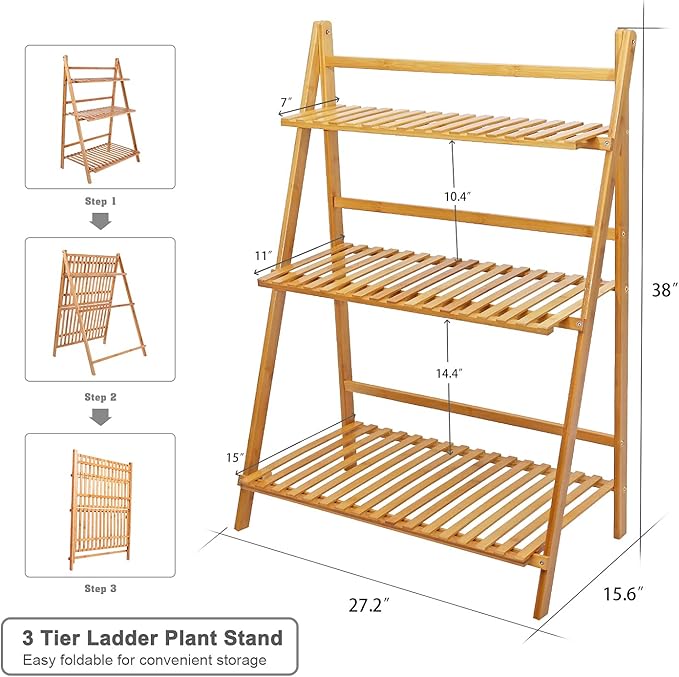 Ufine Bamboo Ladder Plant Stand 3 Tier Foldable Flower Pot Display Shelf Rack - Image 5