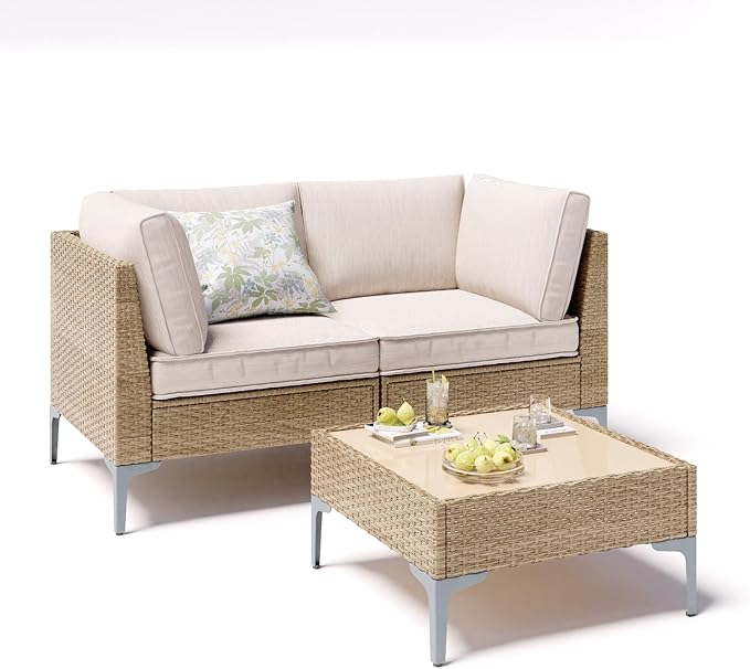 3 Piece Wicker Patio Furniture Set, Outdoor Conversation Loveseat Sectional by JOYURE