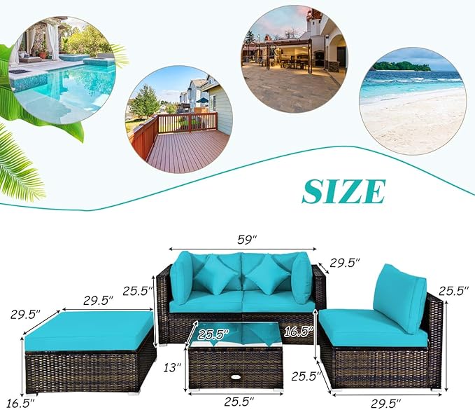 Tangkula 5 Pieces Patio Rattan Furniture Set, Outdoor Sectional Rattan Sofa Set - Image 5