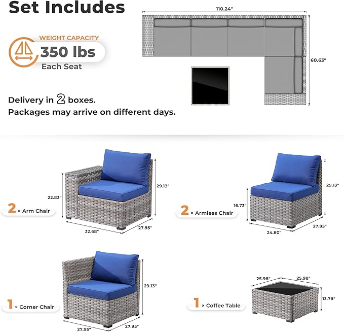 ovios 6 Pieces Patio Furniture Set, Outdoor Wicker Sectional Sofa - Image 2