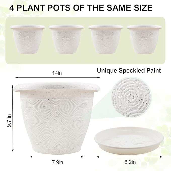 Plastic Flower Pots Planters For Indoor Plants, 4 Pack 14 Inch White Plant Pots - Image 3
