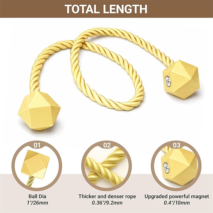Hion Magnetic Curtain Tiebacks Golden 2pcs, Curtain Tiebacks Buckles Holdbacks - Image 2