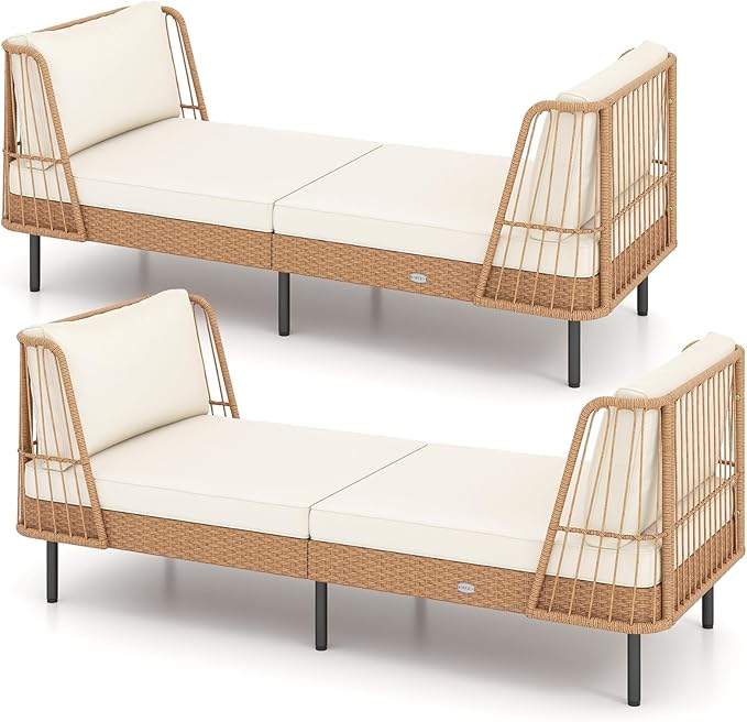 Tangkula Patio Rattan Daybed Set of 2, Boho Outdoor Wicker Lounge Sofa by TANGKULA