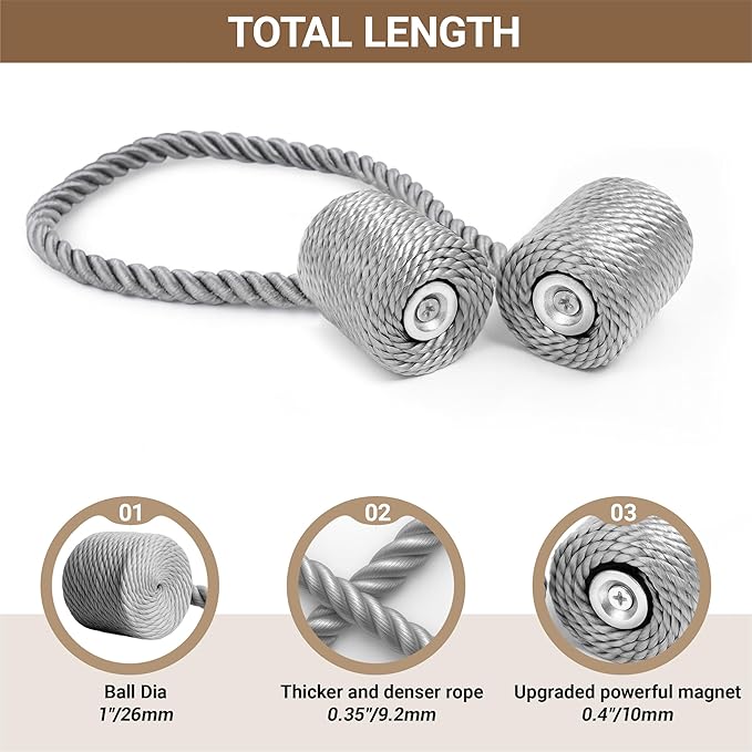 Hion Magnetic Curtain Tiebacks Grey 4 Pack, Curtain Tiebacks Buckles Holdbacks - Image 2