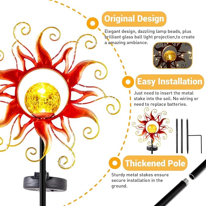 Solar Lights Outdoor Waterproof Red Sun Metal Crackle Glass Stake Decorative - Image 4