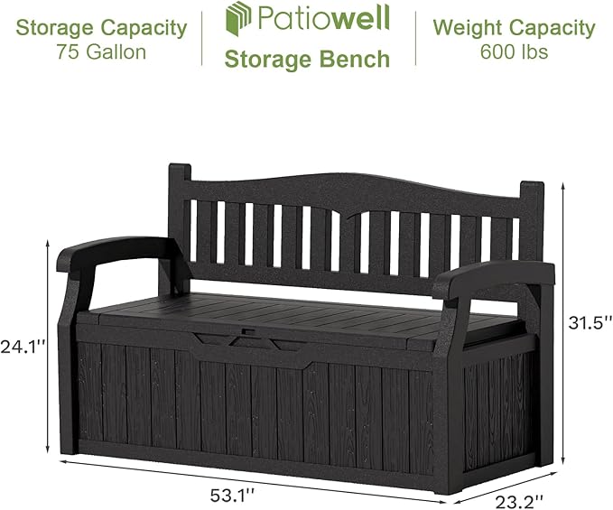Patiowell 75 Gallon Plastic Storage Bench, Water-Resistant Deck Box - Image 3