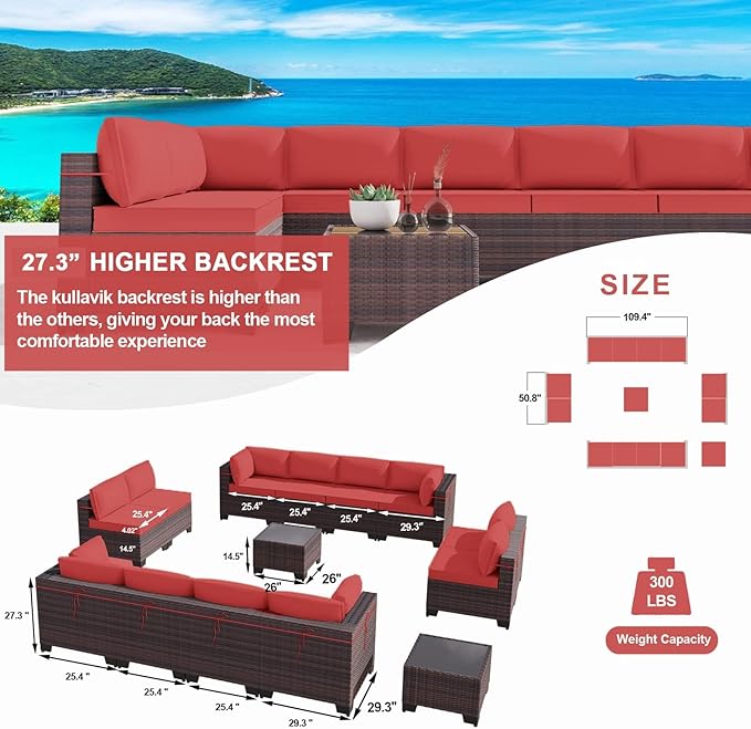 Kullavik 14 Pieces Outdoor Patio Furniture Set PE Wicker Rattan Sectional Sofa - Image 4