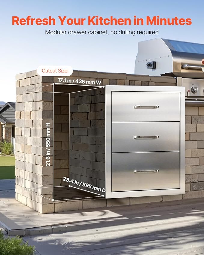 VEVOR Outdoor Kitchen Drawers 18.11" W x 23.23" D x 23.23" H, Triple-Access - Image 7