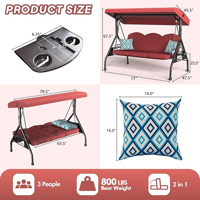 3 Seat Outdoor Porch Patio Swing - Image 7