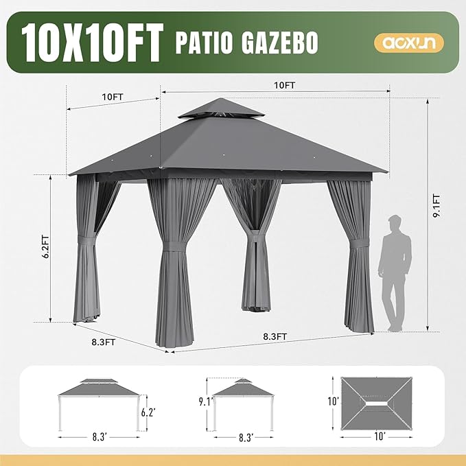 Aoxun Outdoor Gazebo for Patio 10x10, Metal Frame Canopy - Image 6