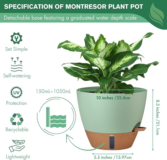 montresor 2 Pack 10 inch Plant Pots, PP Plastic Self Watering Planter - Image 5