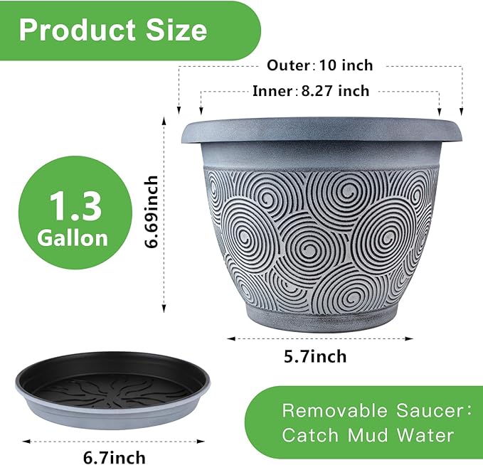 10 Inch Flower Pots Planters for Indoor Outdoor Plants, 3 Pack Plastic Large - Image 4