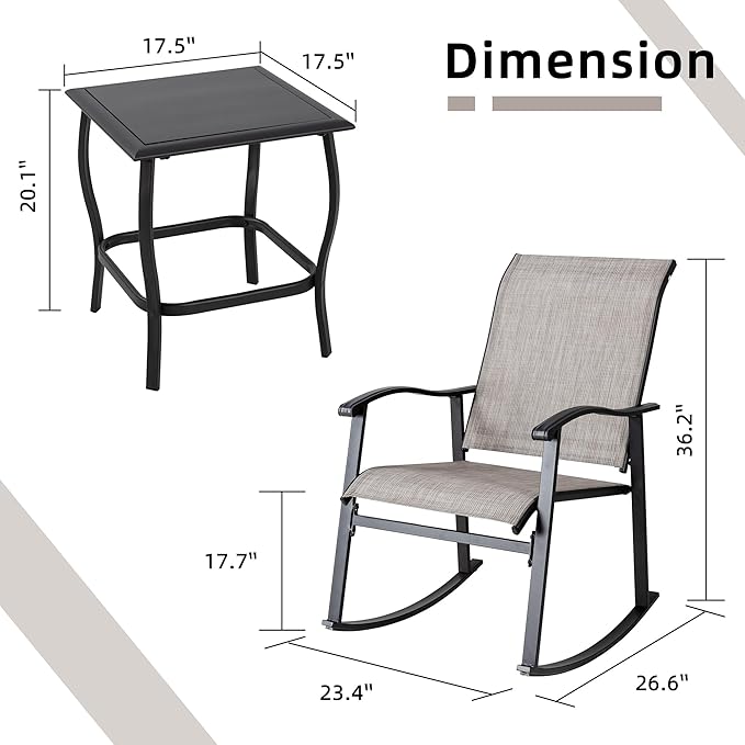 Vongrasig 3 Piece Outdoor Rocking Bistro Set, Textilene Fabric Small Patio - Image 6