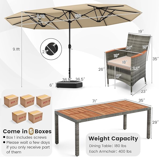 Tangkula 10 Pieces Patio Wicker Dining Set w/Double-Sided Patio Umbrella - Image 4