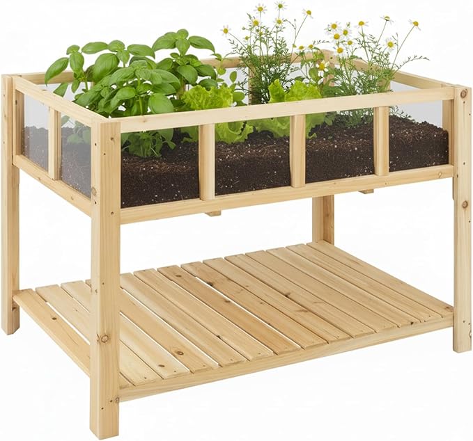 Raised Garden Bed with Transparent Acrylic Panels, Elevated Wooden Raised by Ketive