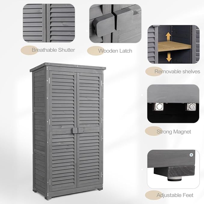 Outvita Outdoor Storage Cabinet, 63in Wooden Garden Tools Shed - Image 3