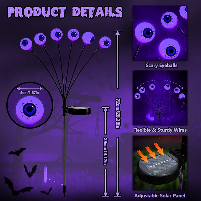 BrizLabs Halloween Eyeball Lights, 2 Pack 12 LED Solar Halloween Lights - Image 5