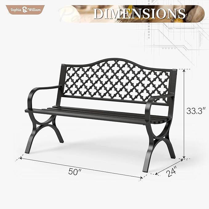 Sophia & William Outdoor Bench, 50 inches Metal Garden Bench, Cast Iron Park - Image 3