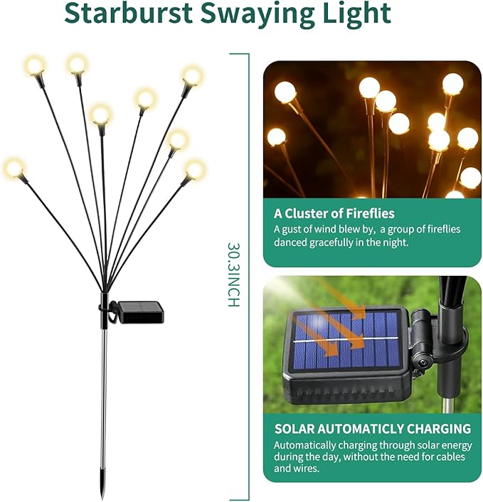 Solar Lights Outdoor Waterproof 4 Pack of 32 LEDs Garden Patio Firefly - Image 2