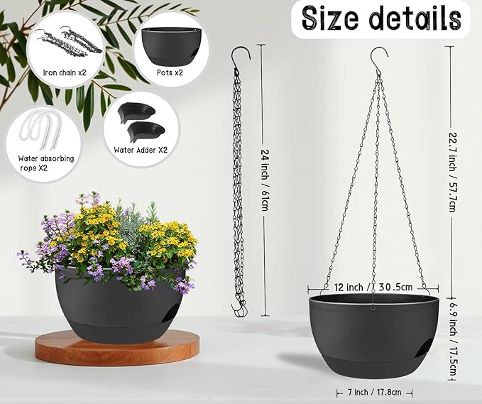 2 Pack 12 Inch Self Watering Hanging Planters - Image 3