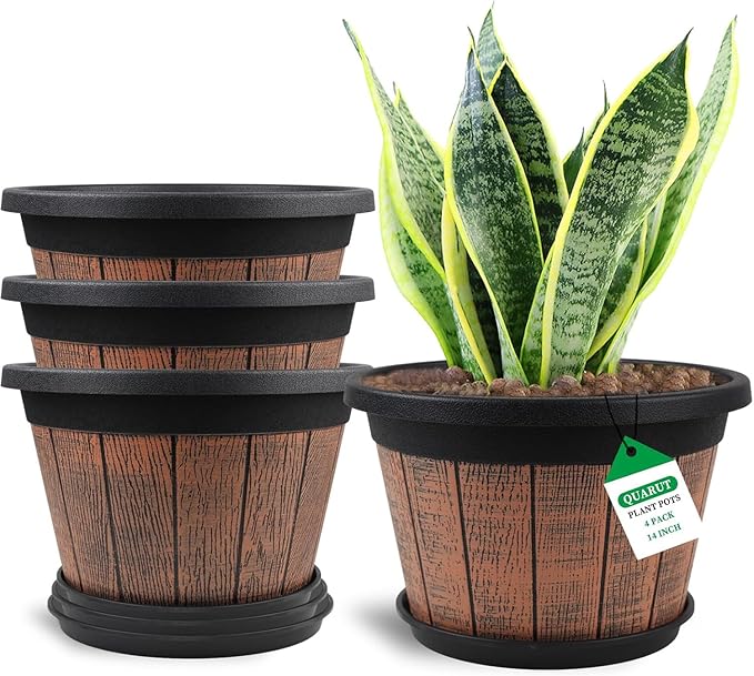 Quarut Large 4 Pack 14 inch Plant Pots, Whiskey Barrel Planters by Quarut