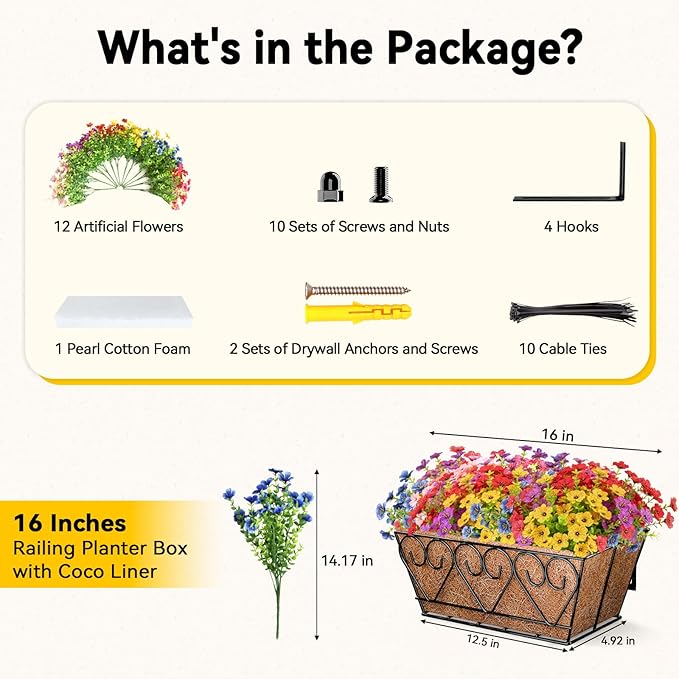 ZeeDix 16 Inch Artificial Flowers Hanging Railing Window Planter Box - Image 3