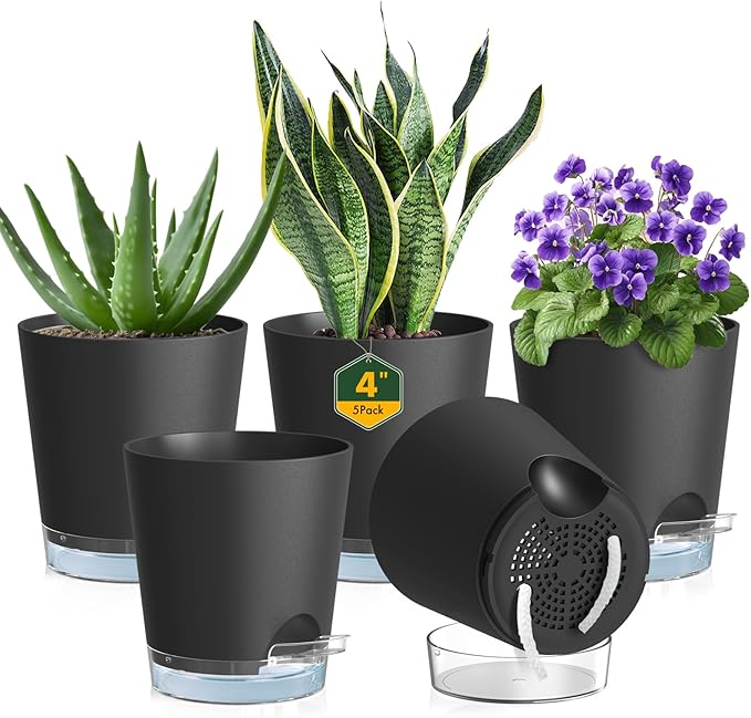 4 inch Self Watering Pots for Indoor Plants, 5 Pack Small Flower Plant Pots by Meowell