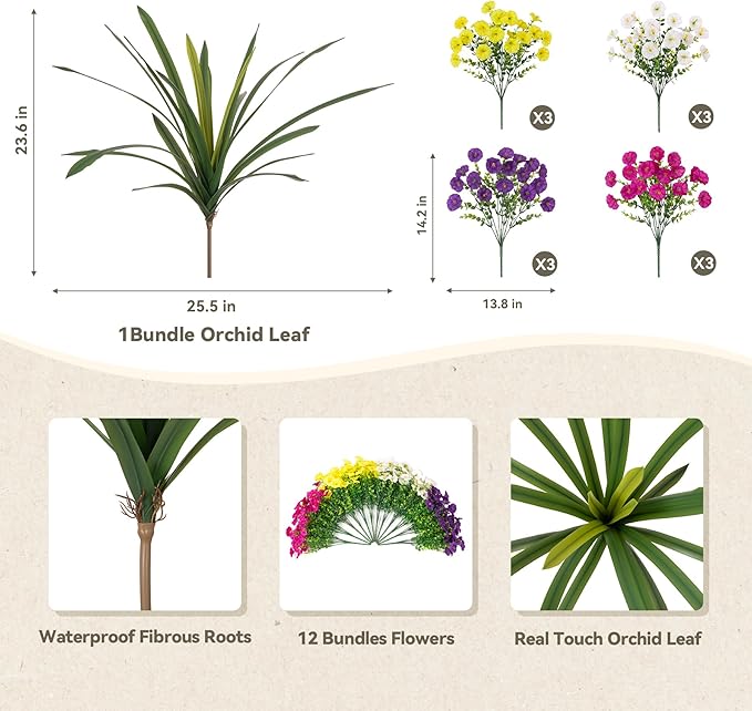 Artificial Flowers for Outdoors Fake Plants Outside, 12 Bundles Silk Morning - Image 2