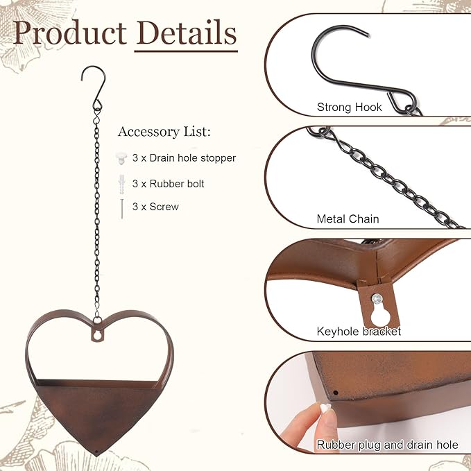 3 Pcs 3 Size Heart Metal Hanging Planter Indoor Outdoor, 13.4" 10.6" 7" Large - Image 2