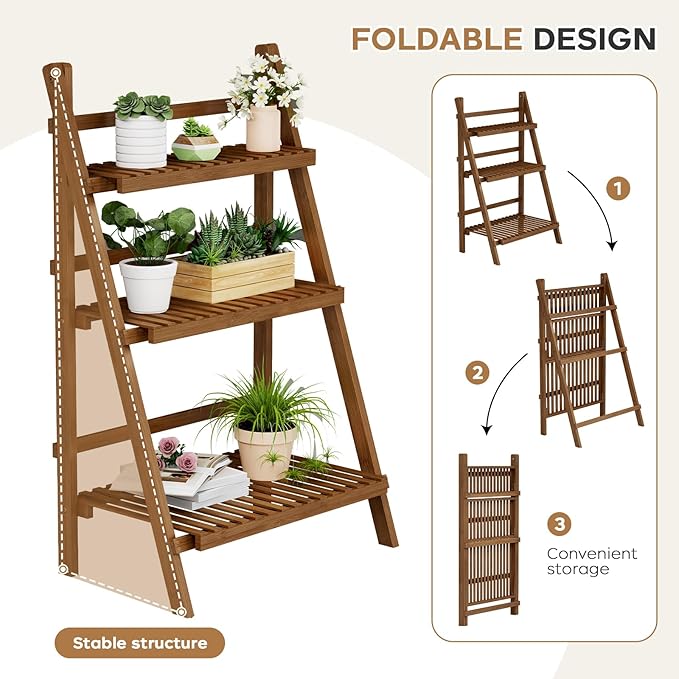 39.4" Bamboo Ladder Shelf Plant Shelf, 3 Tier Foldable Ladder Flower Pot - Image 6