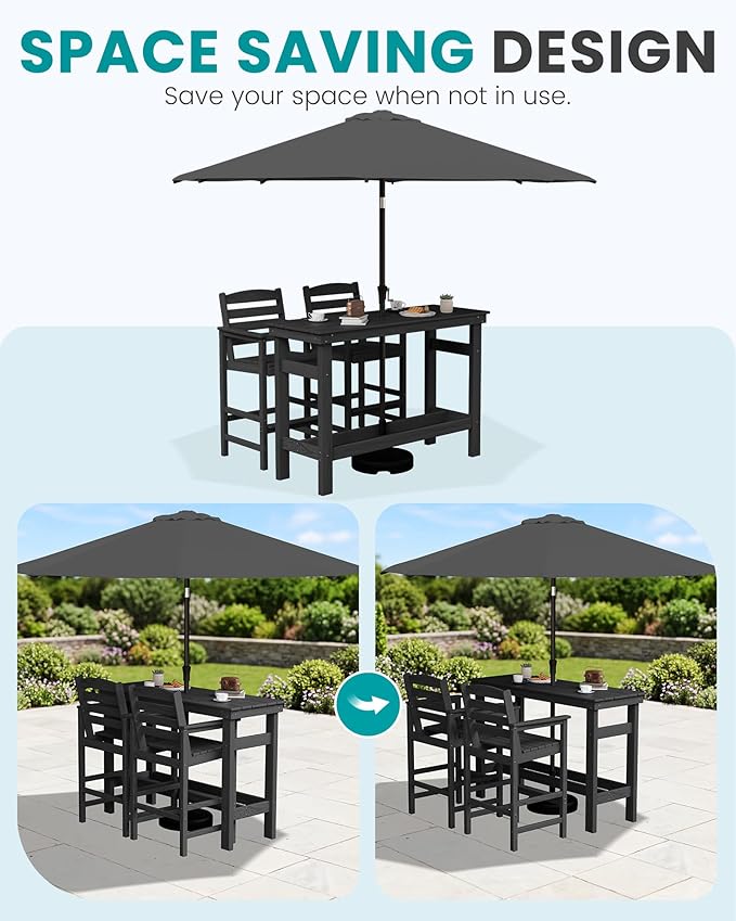 SERWALL Outdoor Bar Set with 9ft Umbrella, All-Weather HDPE Patio Bar Chairs - Image 2