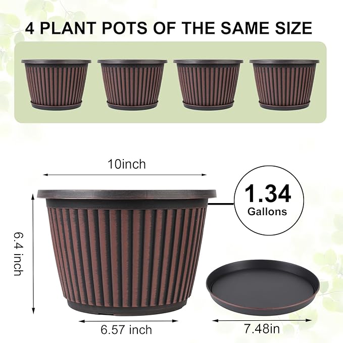 Planter-Pots-for-Plants-Indoor-Outdoor, 4 Pack 10 Inch Plastic Flower Pots - Image 4