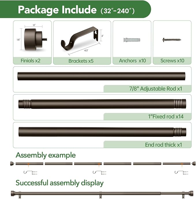 Curtain Rods for Windows 32 to 240, 1 Inch Adjustable Heavy Duty Long Window - Image 6